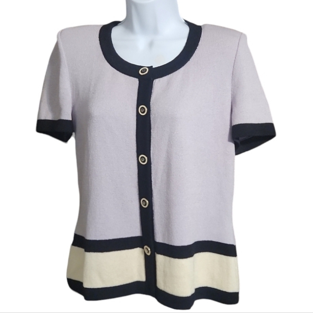 St. John Vintage Santana Knit Button Up Top Purple Cream Black